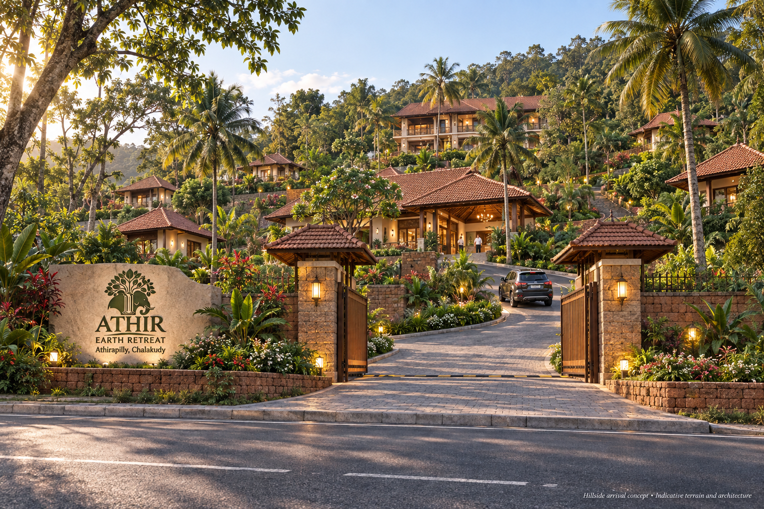 The proposed arrival approach to Athir, an earth-architecture retreat on a forested hillside