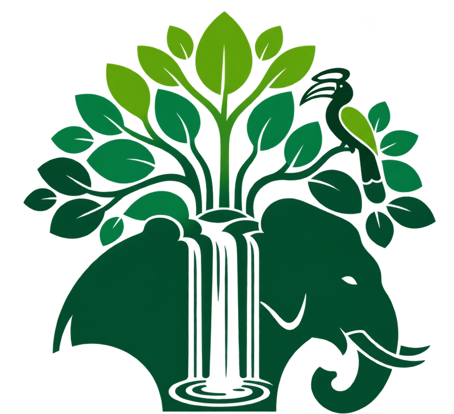 Athir Earth Retreat emblem — a tree with a waterfall, elephant and hornbill