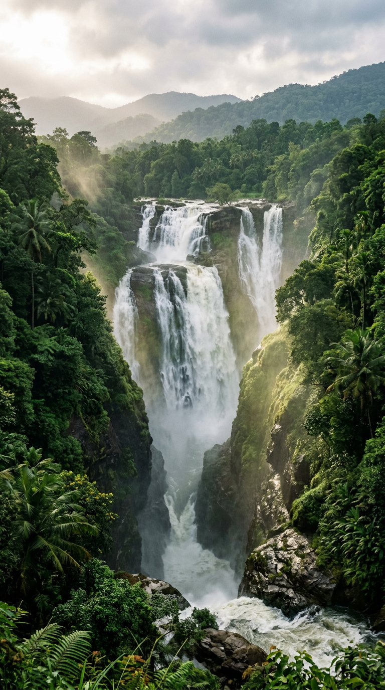 Athirappilly Falls plunging through dense Western Ghats rainforest at first light